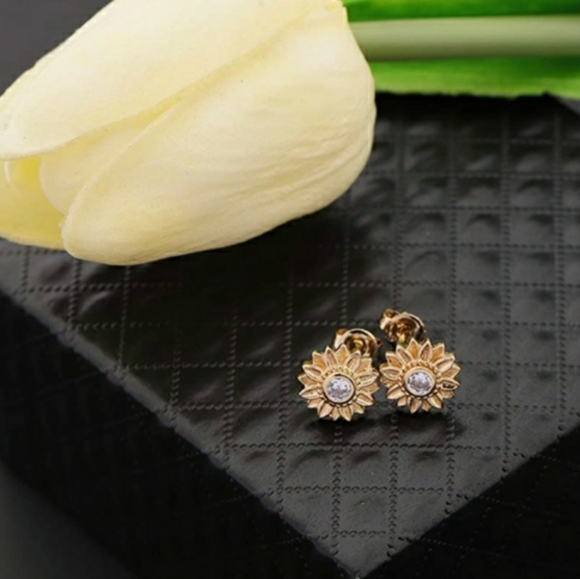 Sunflower Cubic Zirconia Stud Earrings - Picture 4 of 4